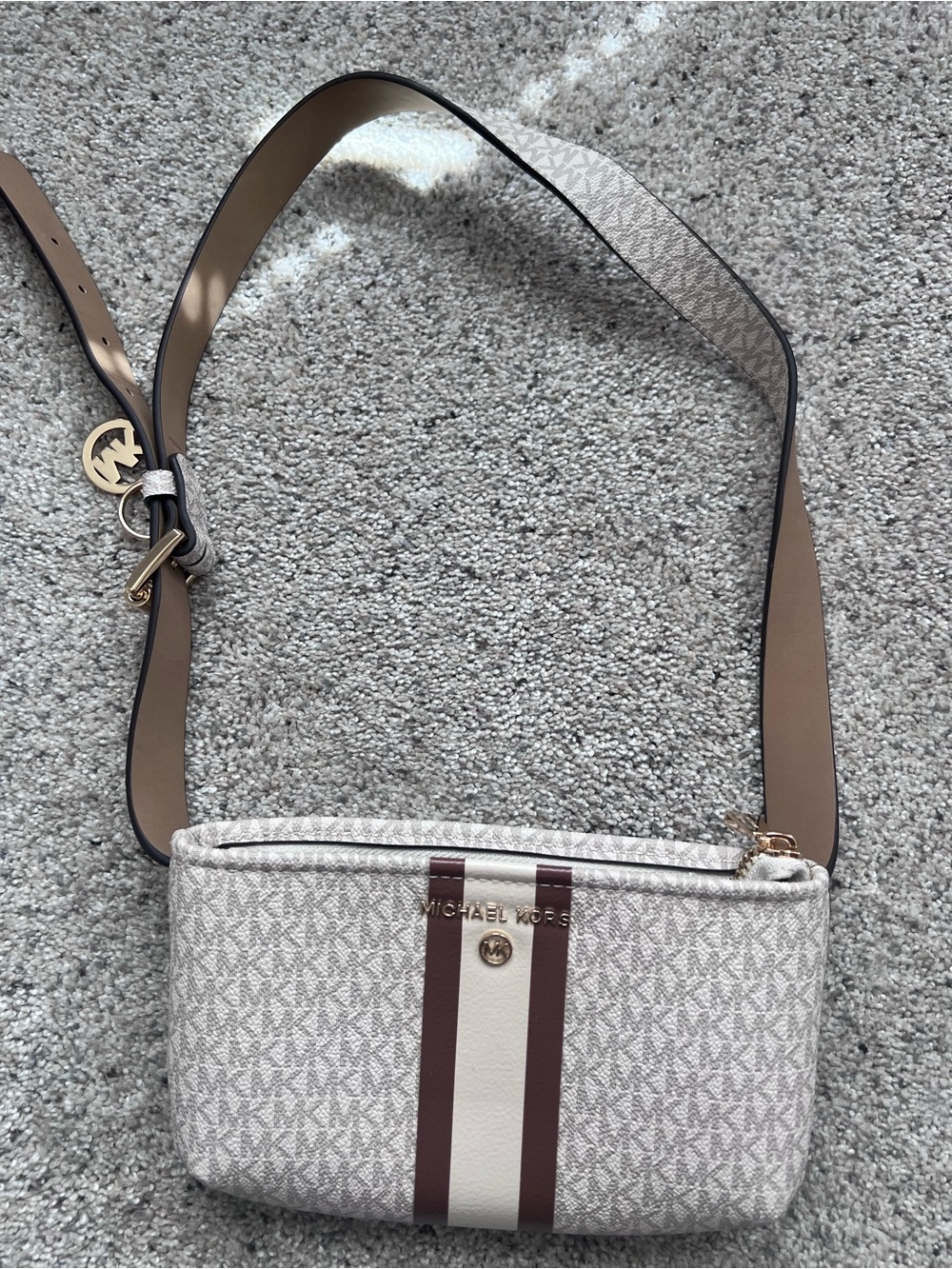 Michael Kors Beige and Brown Logo Stripe Mini Crossbody